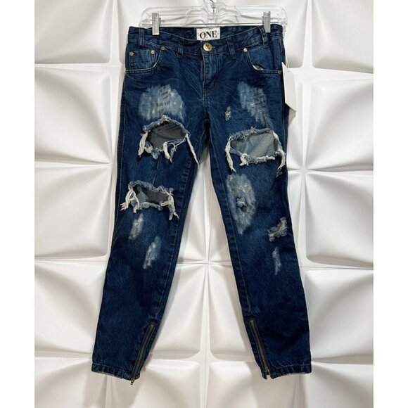 One Teaspoon Sz 26 Trashed Freebirds Crop Denim Jeans Skinny Dark Blue Women NWT - Picture 4 of 12